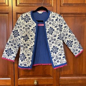 Boden Quilted Open Front Blue and White Jacket Size 2